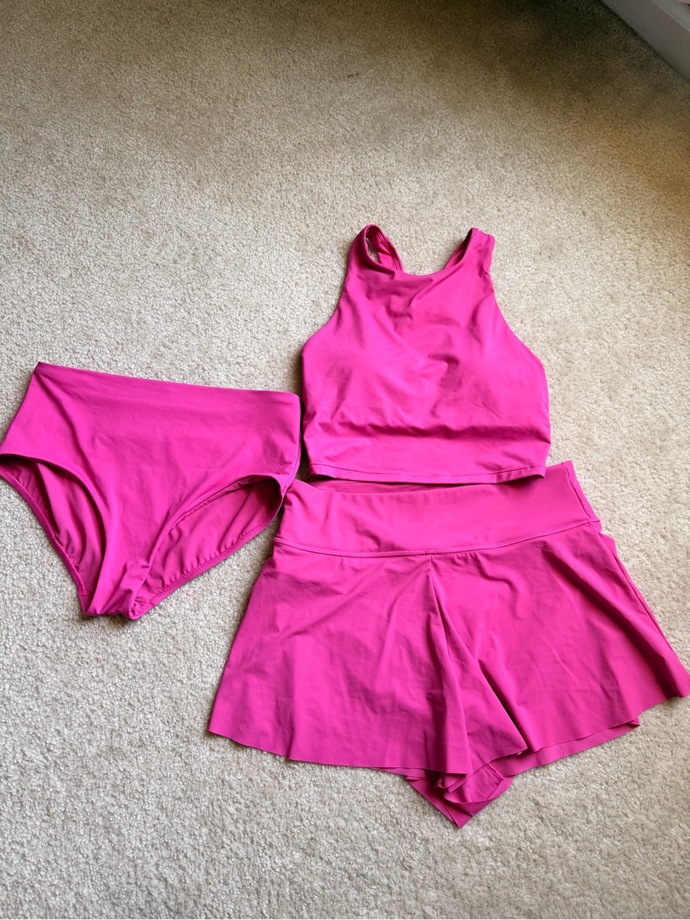 Athleta Bright Pink High-Neck Swim Top with Skirted Shorts & Bikini Bottom
